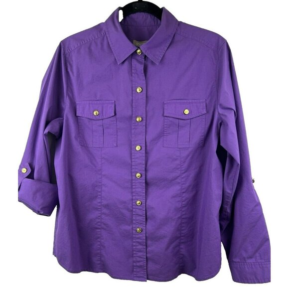 Chico's Top Large Solid Purple Button Up Roll Tab Long Sleeves Gold Buttons - Picture 1 of 9